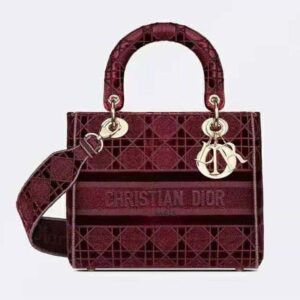 DIOR Medium Lady D-Lite Bag Burgundy Cannage Embroidered Velvet