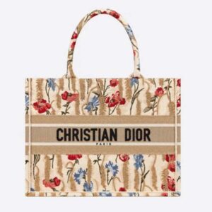 DIOR Small Book Tote Beige Multicolor Hibiscus Metallic Thread Embroidery
