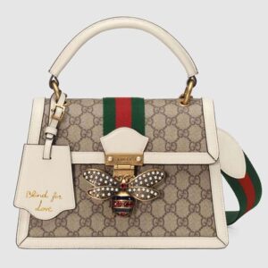 Gucci GG Women Queen Margaret Small GG Top Handle Bag in White Leather Trim