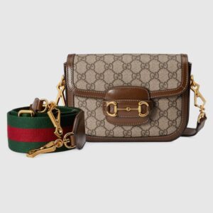 Gucci Women Horsebit 1955 Mini Bag Beige and Ebony GG Supreme Canvas Brown
