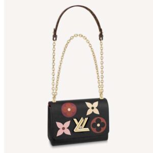 Louis Vuitton LV Women Twist MM Chain Handbag Grained Cowhide Leather Monogram Canvas