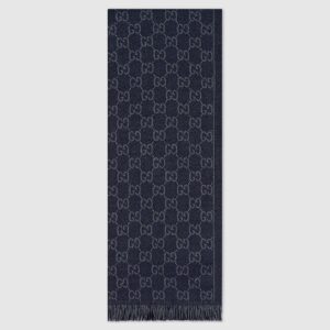 Gucci Men GG Jacquard Pattern Knit Scarf with Fringe Black